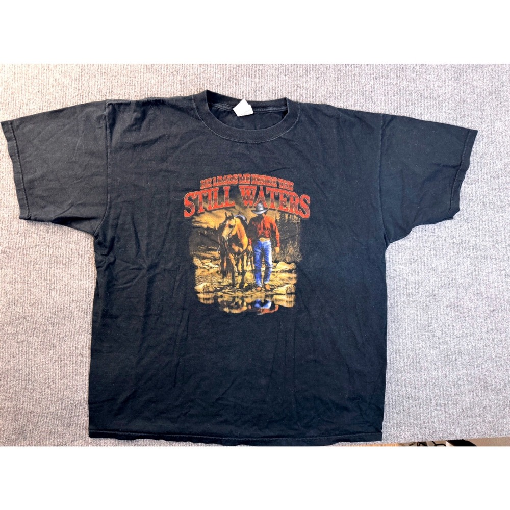 Vintage Anvil Still Waters Cowboy Graphic Tee Shirt Mens 2XL Black Cotton Y2K
